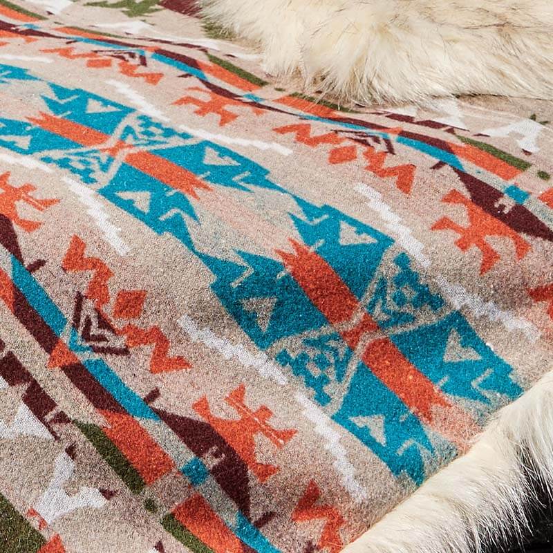 Close-up details of the Anifurry turquoise rain dance faux fur blanket pattern.