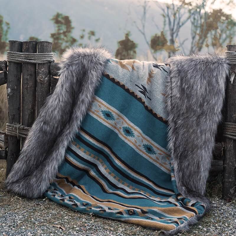 A grey collar and teal blanket to wear by men. Suitable for winter and preventing wind. Easy cleaning. Fashion outfitter to wear.