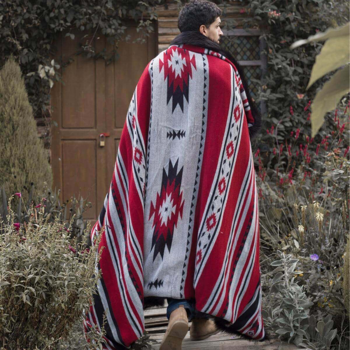 A model with colorful king-size faux fur duvet cover. Multi-functional blanket with diamond shape on one side.