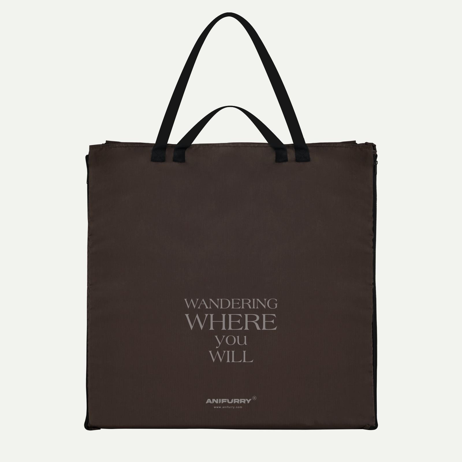 Brown outdoor picnic tote bag with text and an 'ANIFURRY' branding on it