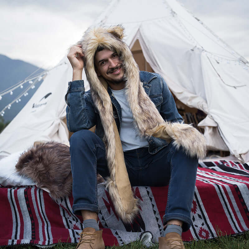 The faux fur hood contains a warm hood, a scarf, and gloves which is so cute and could keep you away from coldness.