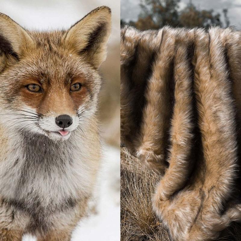 A fluffy golden long pile faux fur blanket that looks and feels like real fur from a golden fox.