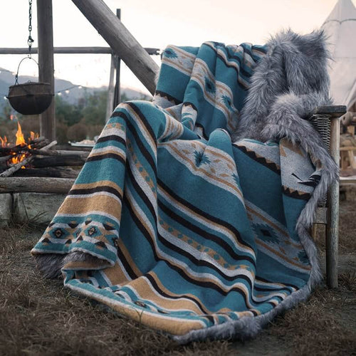 Aztec Faux Fur Blanket - Grey+Turquoise