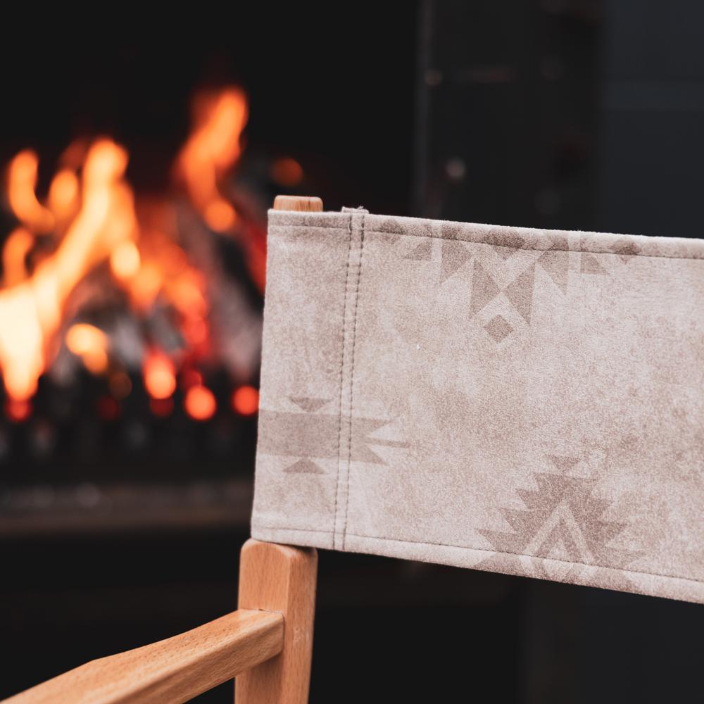 Close-up of an Anifurry Beige Moab Director Chair patterned backrest