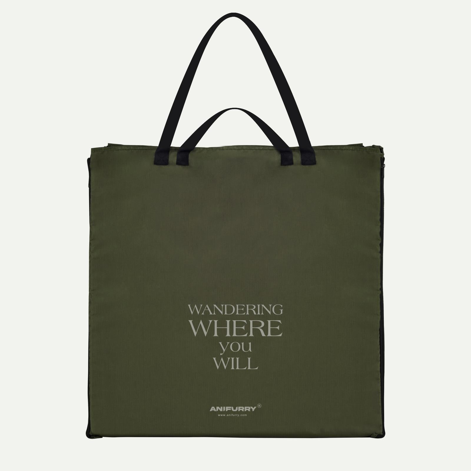 Green outdoor picnic tote bag with text and an 'ANIFURRY' branding on it