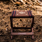 Anifurry wood outdoor stool with striped cushion in a forest setting