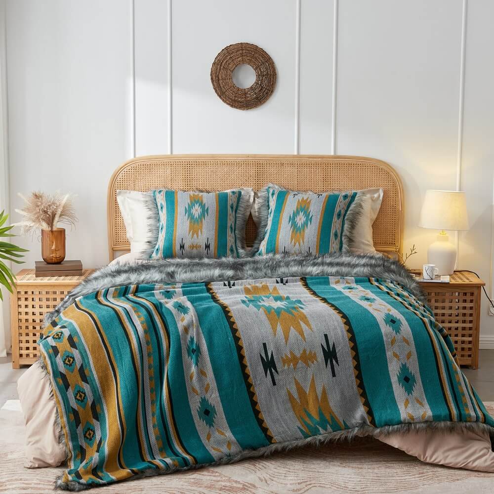 Grey & Turquoise Aztec pattern long pile blanket and pillow cover in the bedroom.