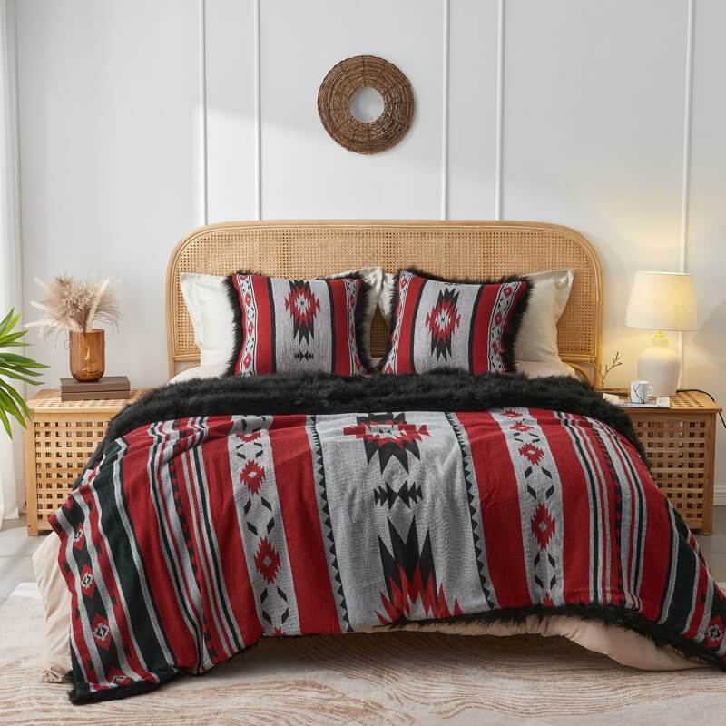 The bright bedroom was covered with reversible red aztec and black faux fur sets on the bed.