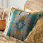 The Turquoise aztec pattern on one side and luxurious faux fur on the other pillow covers on the bed.
