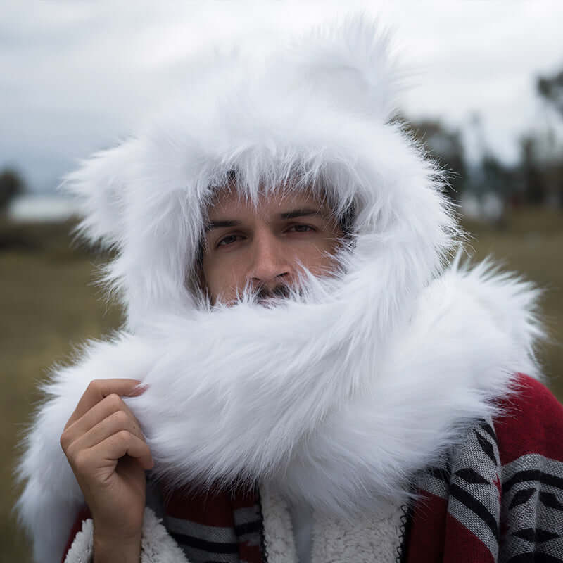 The white faux fur hood with wolf ears has unbelievable soft material and 100% cruelty-free luxurious faux fur.