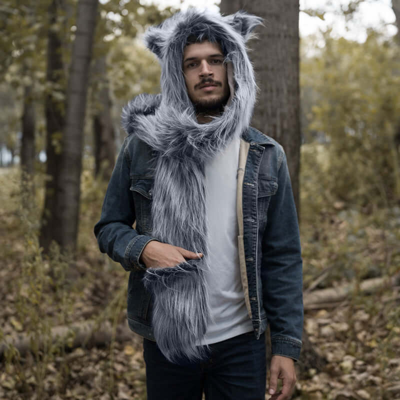 The grey faux fur hood with wolf ears has unbelievable soft material and 100% cruelty-free luxurious faux fur.
